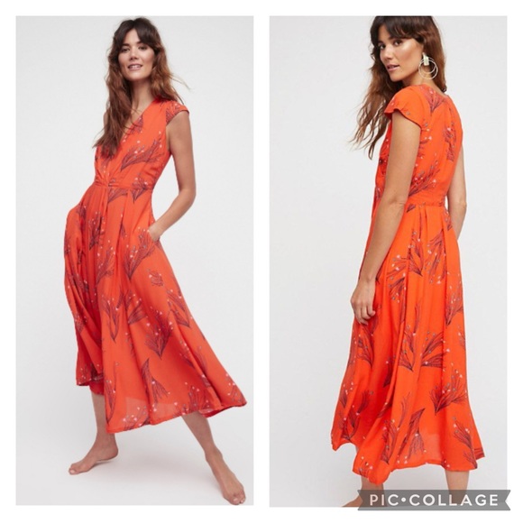Free People Retro Coral Orange Floral Midi Dresss with Pockets Size 6 - Picture 15 of 16